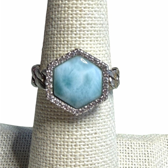 Artisan Jewelry - Elegant 925 Silver Cuban Band and and Blue Hexagon Larimar with CZ Halo Ring